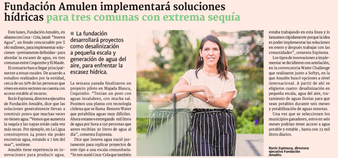 FONDO INNOVA AGUA, en El Diario Financiero, 26 de noviembre 2020