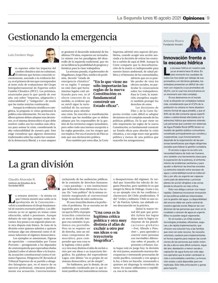 Lee más sobre el artículo La Segunda, 16 de agosto 2021, Innovación para enfrentar la sequía