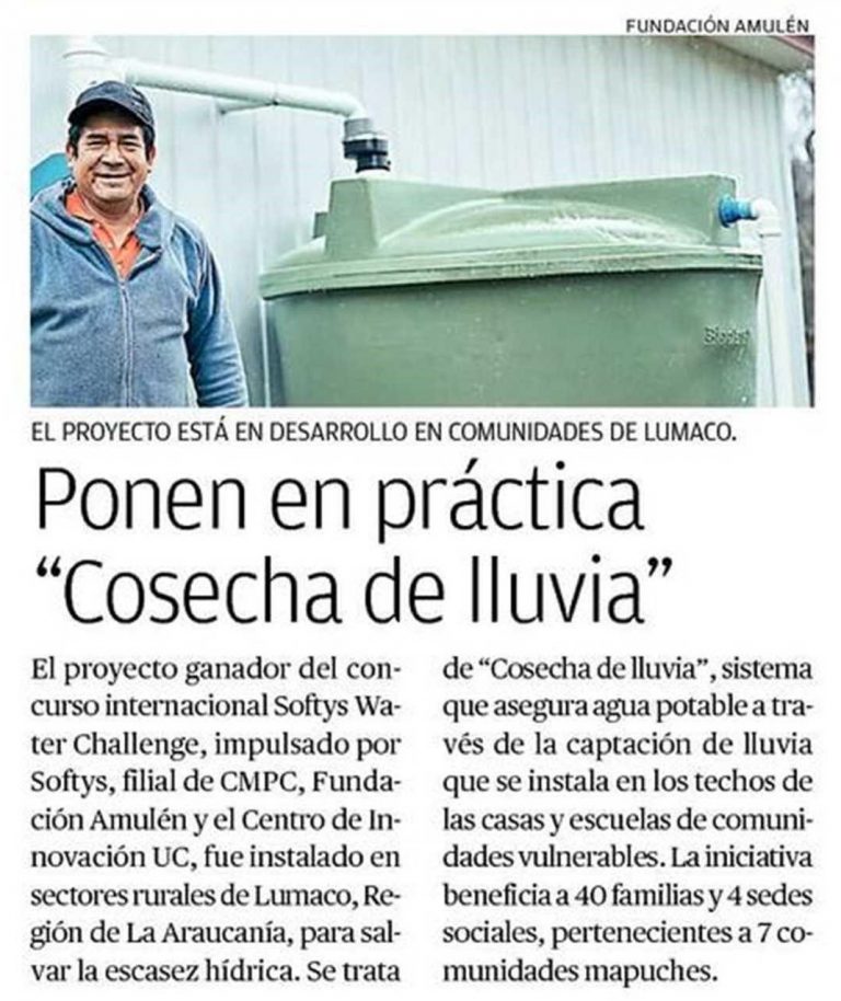 El Austral, 21 de septiembre 2021, «Cosecha de lluvia»: el sistema que asegura agua potable a familias de comunidades