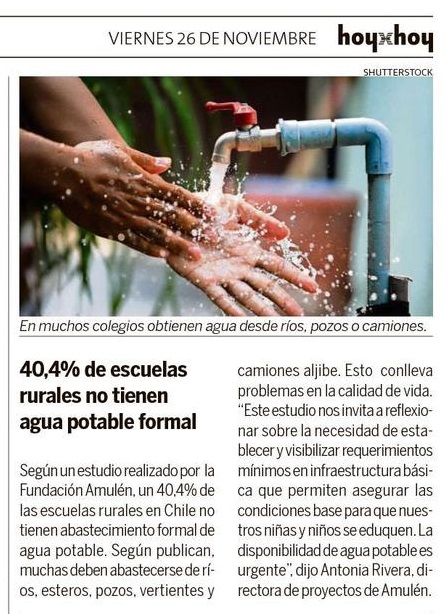 HoyxHoy, «40,4% de escuelas rurales no tienen agua potable formal», 26 de noviembre