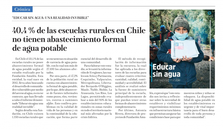 La Tribuna, «40,4 % de las escuelas rurales en Chile no tienen abastecimiento formal de agua potable», 27 de noviembre