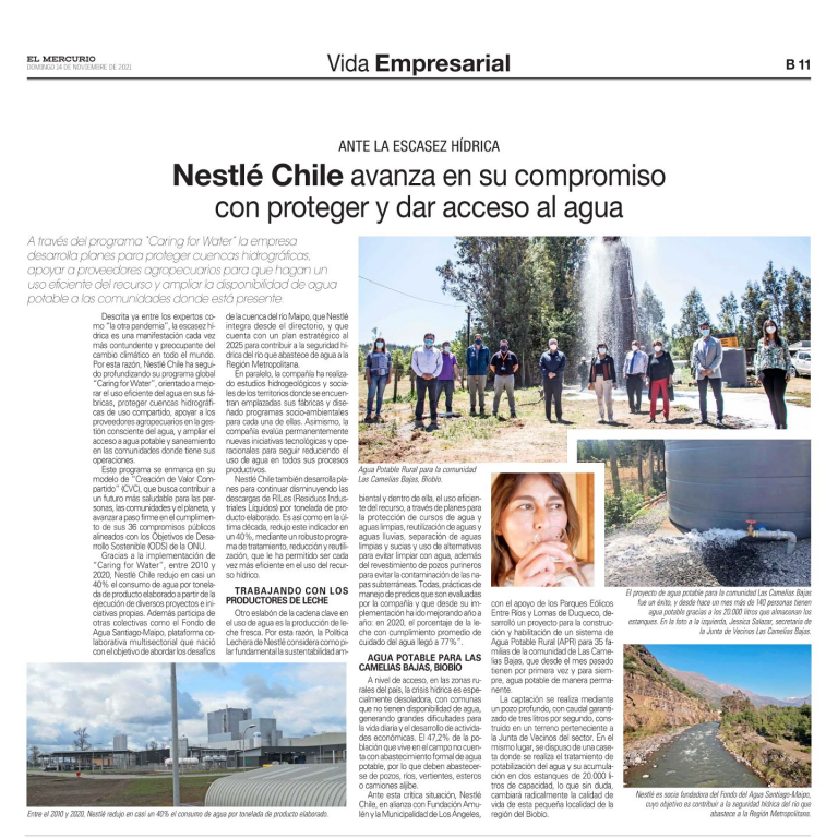 El Mercurio, 14 de noviembre, Nestlé Chile avanza en su compromiso con proteger y dar acceso al agua
