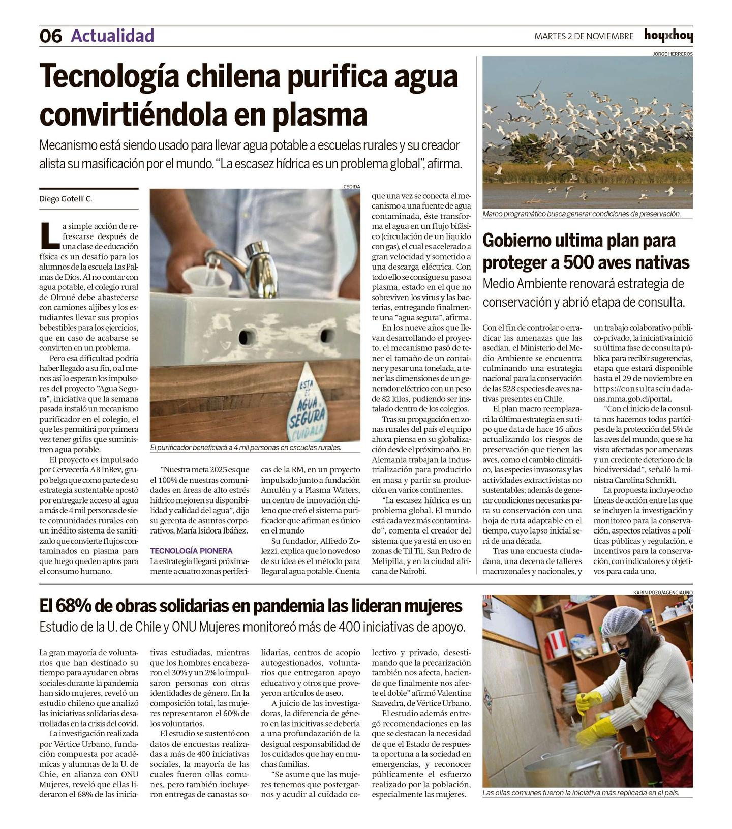 HoyxHoy, 02 de noviembre 2021, «Tecnología chilena purifica agua convirtiéndola en plasma»